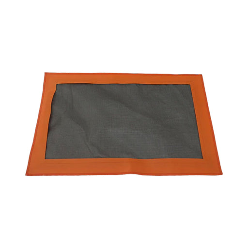 Spill Bully drip mat that is square with a orange border and black center
