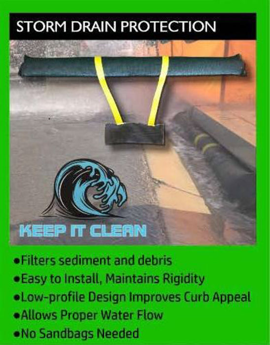 A green graphic that says: Storm Drain Protection: Keep it Clean! Filters Sediment and debris, Easy to install, maintains rigidity, low-profile design improves curb appeal, allows proper water flow, and no sandbags needed