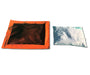 A Spill Bully Drip Mat that is a square with an orange border and black center laying next to a flood bag to show comparison of sizes